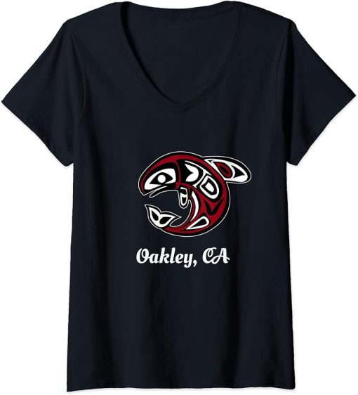 Womens Native American Oakley CA Tribal Orca Killer Whale V-Neck T-Shirt